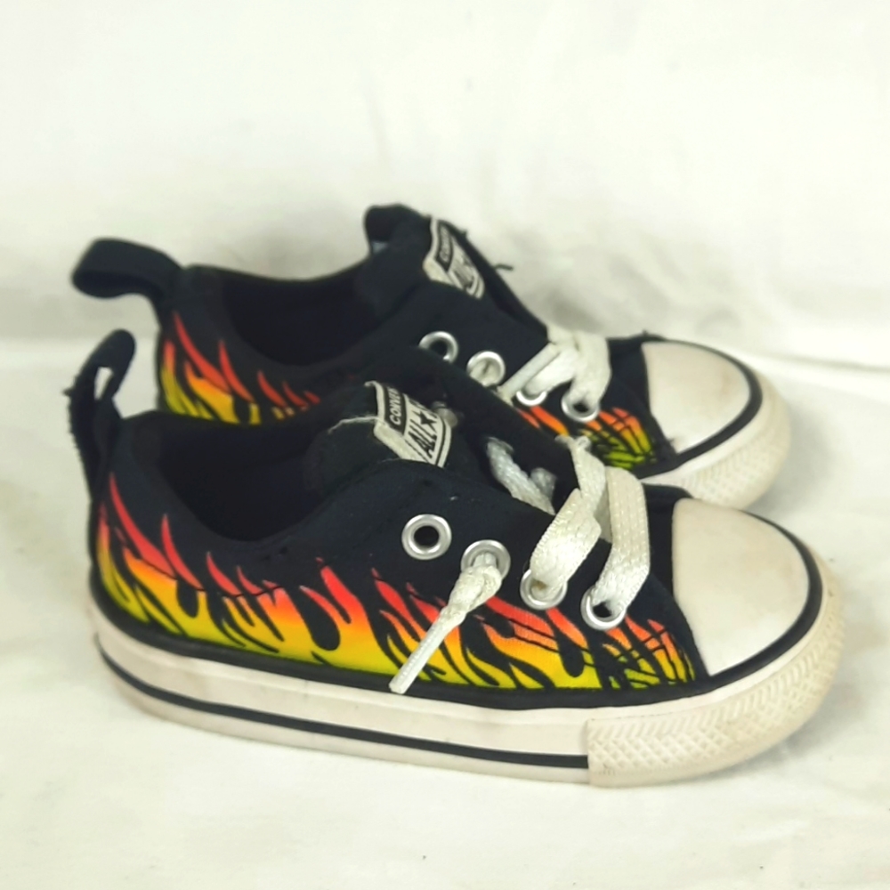 Converse Kids Black Sneakers with Red and Yellow Flame Design
